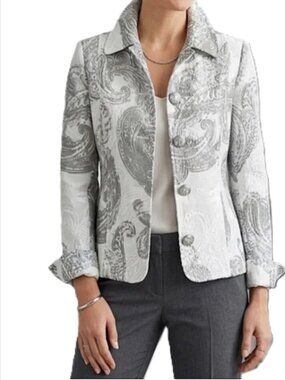 Chico's Gorgeous Silk Blend White Gray Paisley Print Jacket size 0